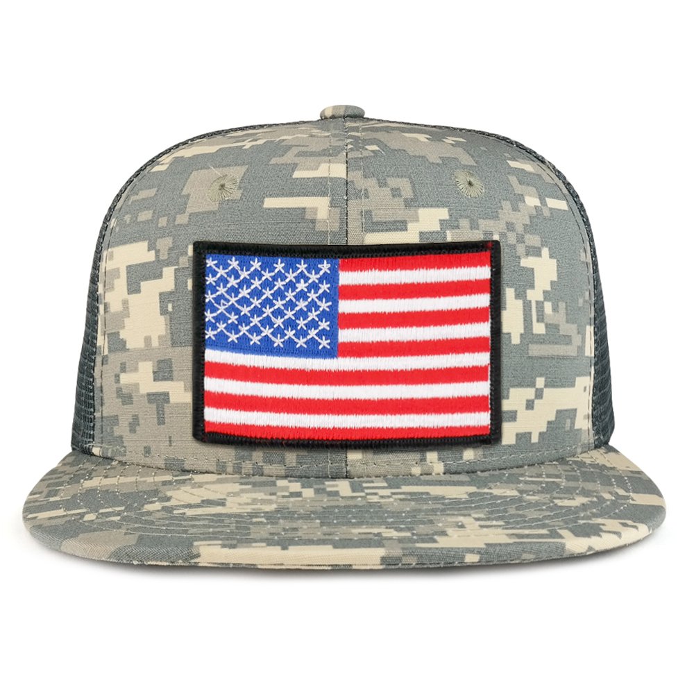 White Black Border American Flag Iron on Patch Flat Bill Ripstop Trucker Mesh Cap