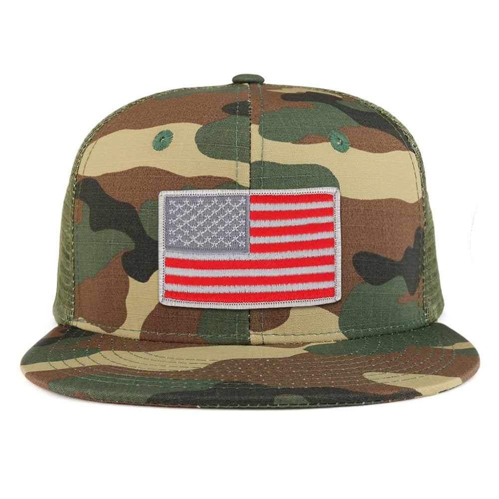 Red Grey American Flag Iron on Patch Flat Bill Ripstop Trucker Mesh Cap