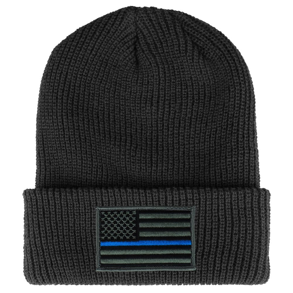 Armycrew Thin Blue Line American Flag Embroidered Patch Ribbed Cuffed Knit Beanie - Black