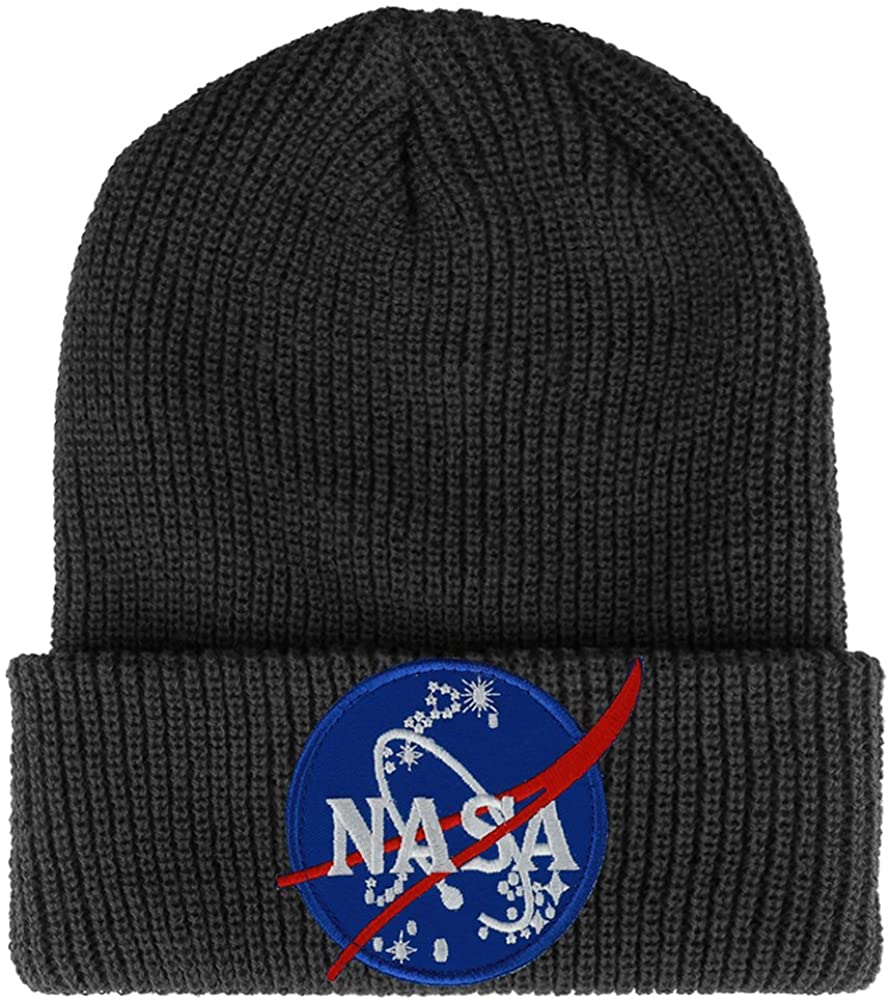 Armycrew NASA Insignia Logo Embroidered Patch Ribbed Cuffed Knit Beanie - Black