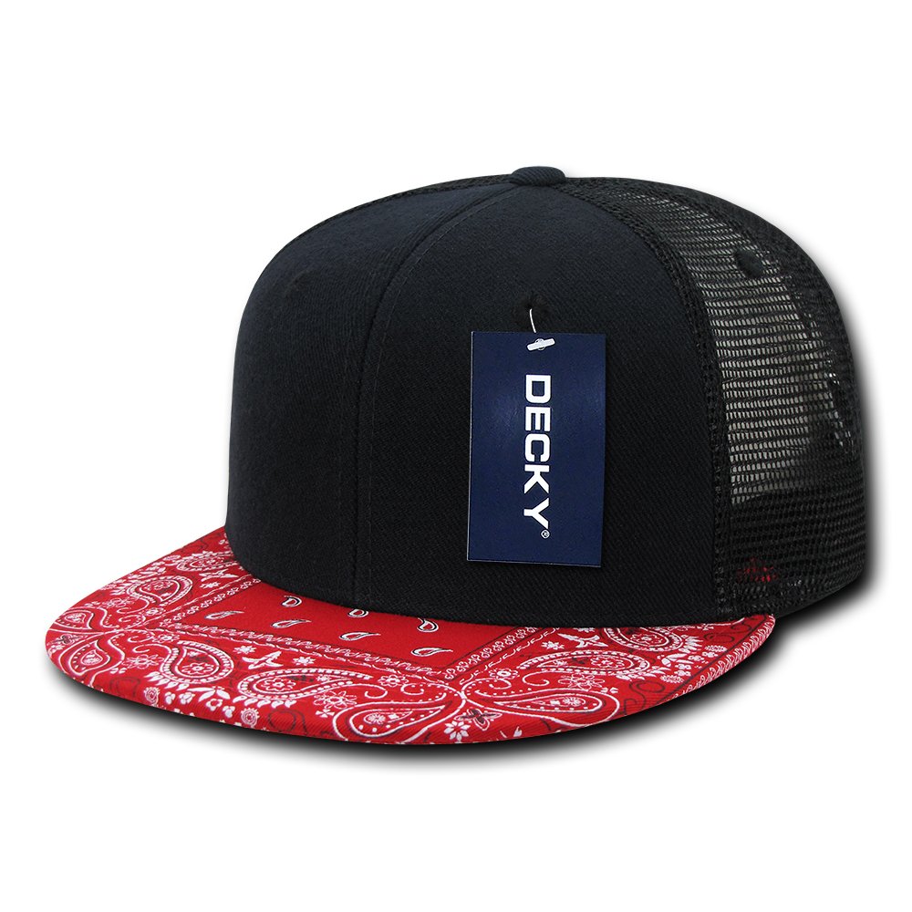 DECKY Paisley Bandana Print Flat Bill Trucker Mesh Snapback Cap - Black Grey
