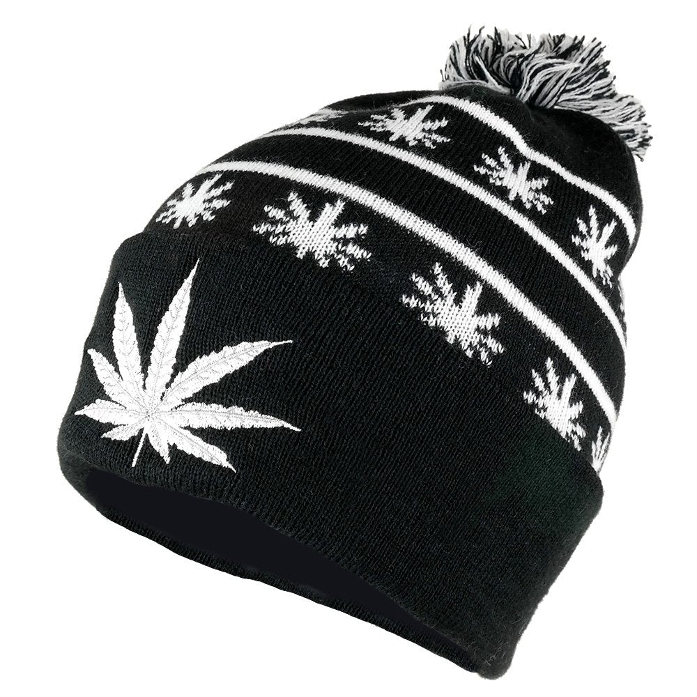 Marijuana Leafs Pom Pom Acrylic Beanie Hat - Kelly Green Black - WB071-86