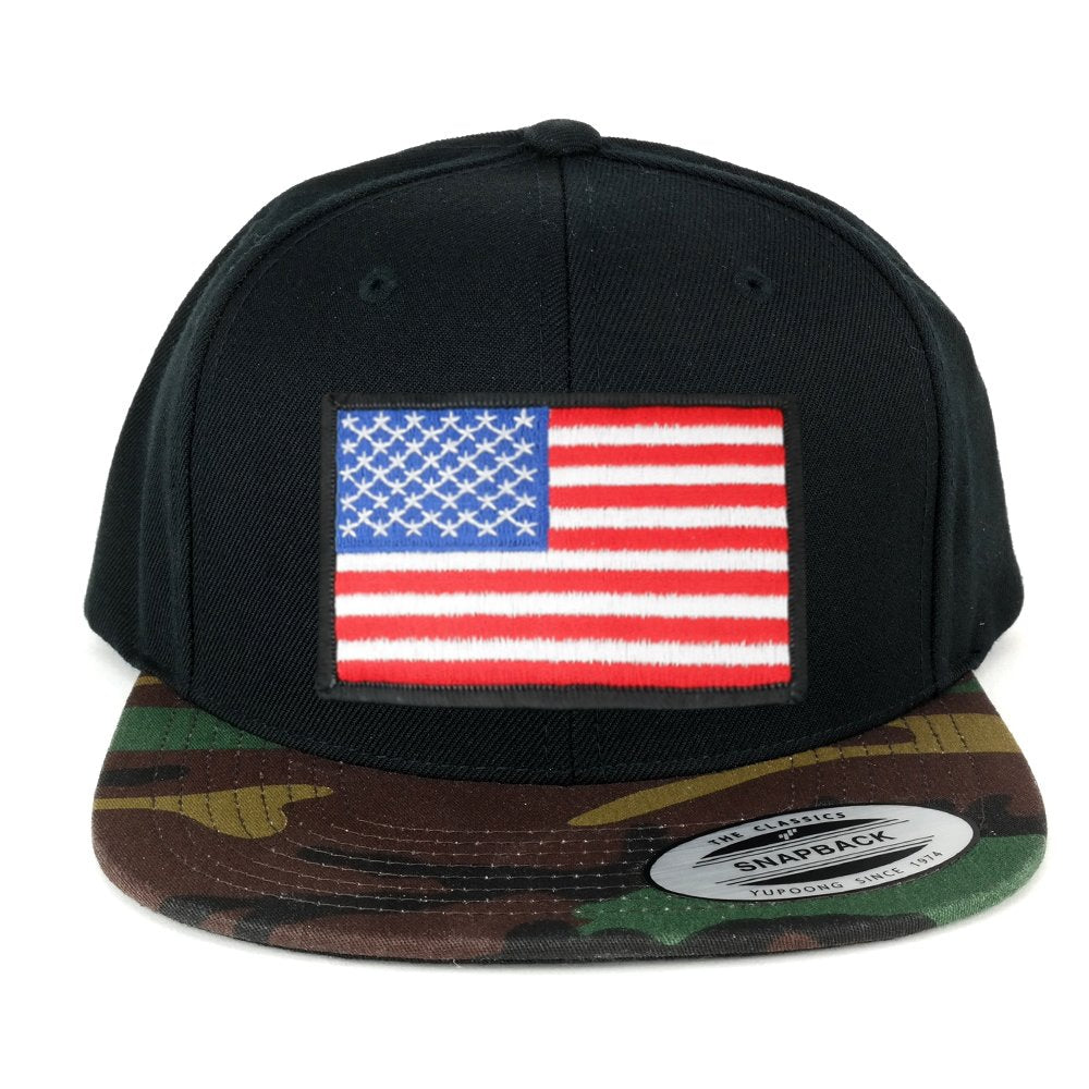 Flexfit Classic American Flag Patch Snapback Cap with Camo Visor - Black Grey