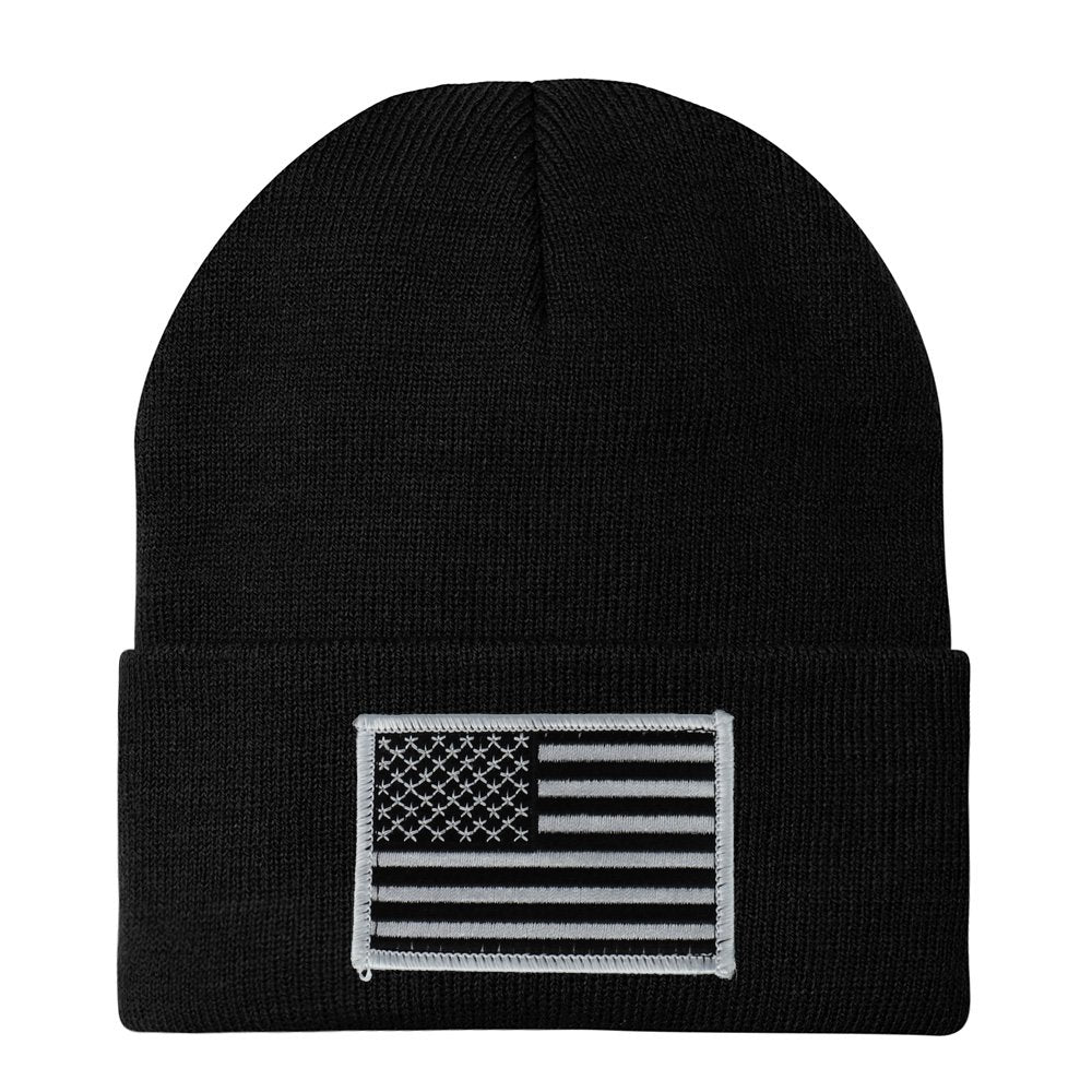 Made in USA - Black White American Flag Embroidered Patch Long Cuff Beanie