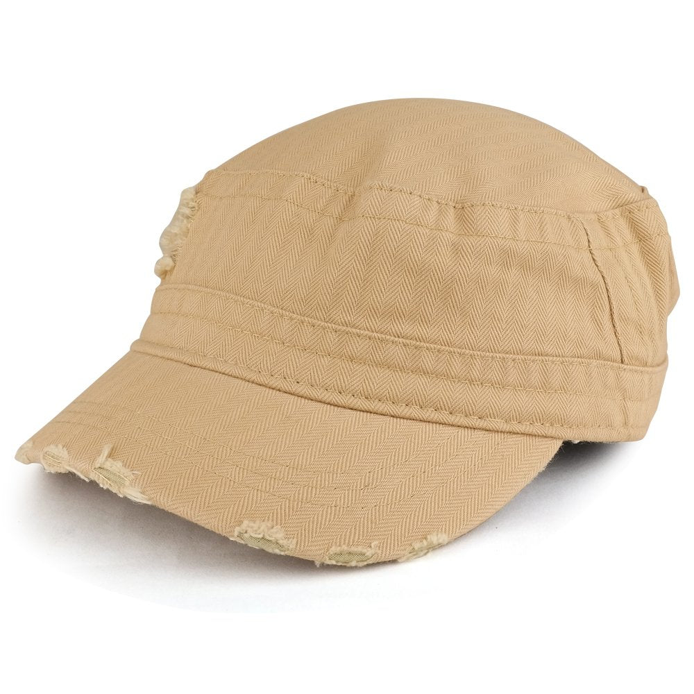 Frayed Herringbone Textured Elastic Band Army Style Cap
