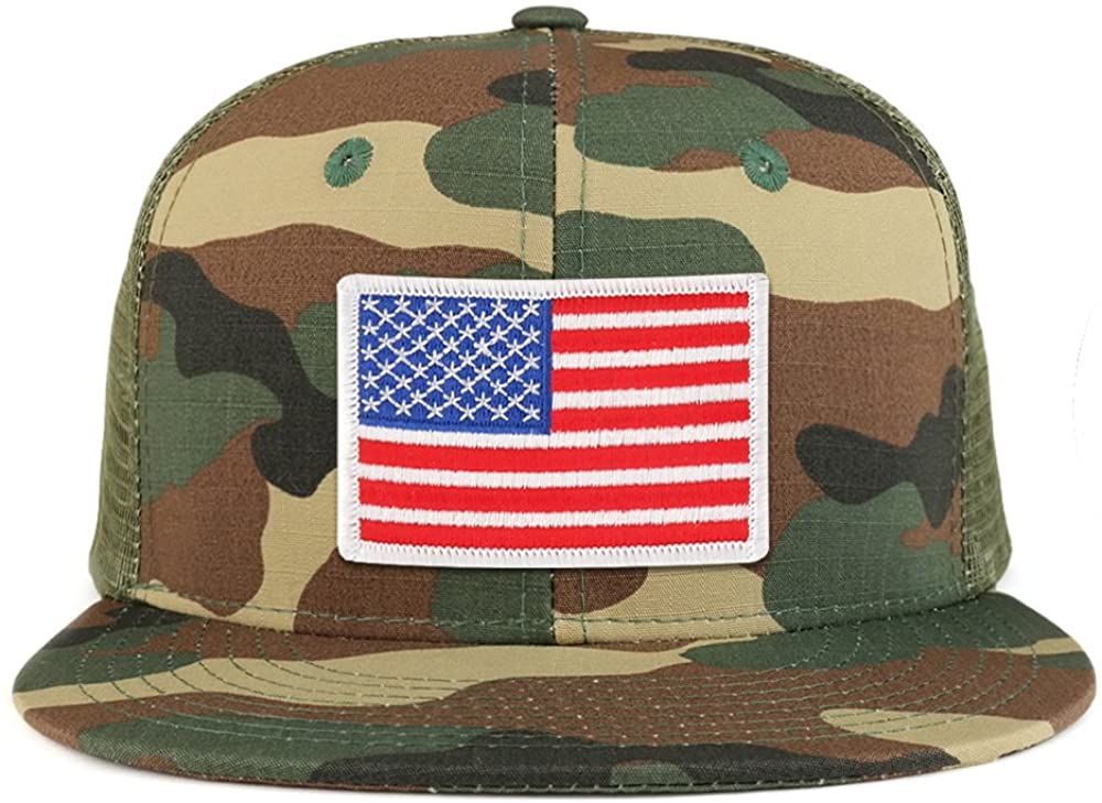 White American Flag Iron on Patch Flat Bill Ripstop Trucker Mesh Cap