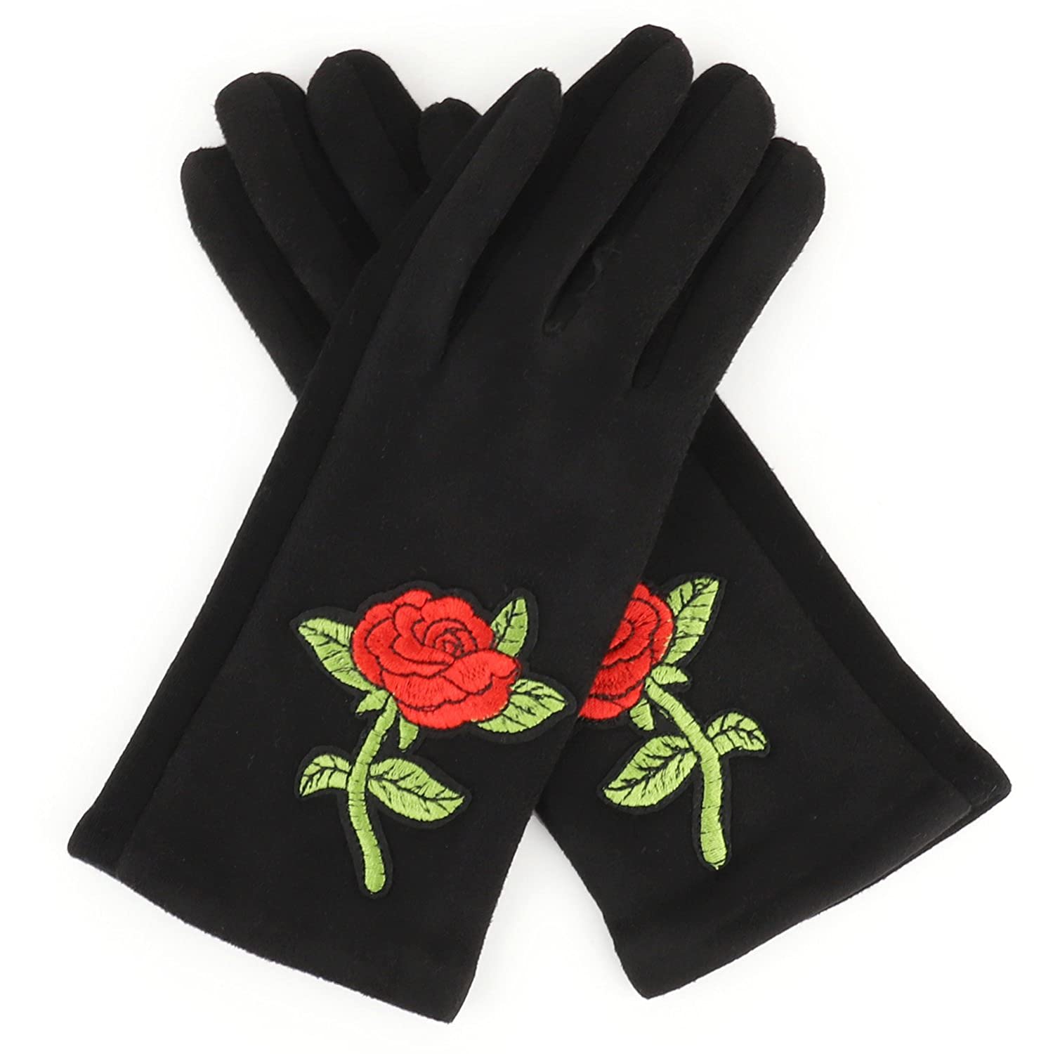 Armycrew Smartphone Touchscreen Ladies Texting Fingers Rose Embroidered Gloves