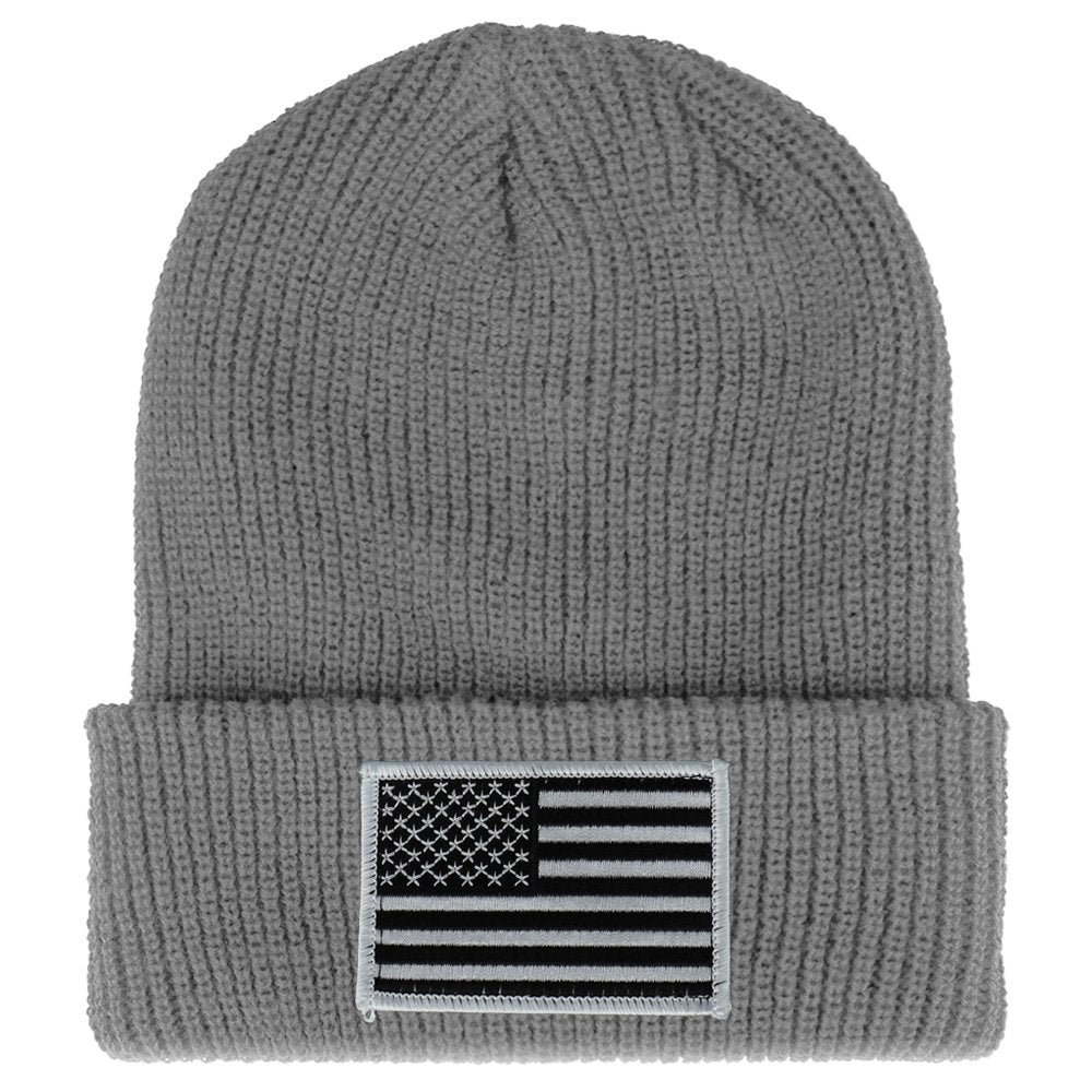 Armycrew Black White American Flag Embroidered Patch Ribbed Cuffed Knit Beanie - Black