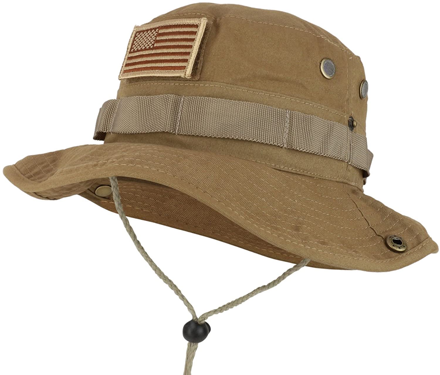 Armycrew Military American Flag Hook and Loop Patch Boonie Cap with Chin Strap
