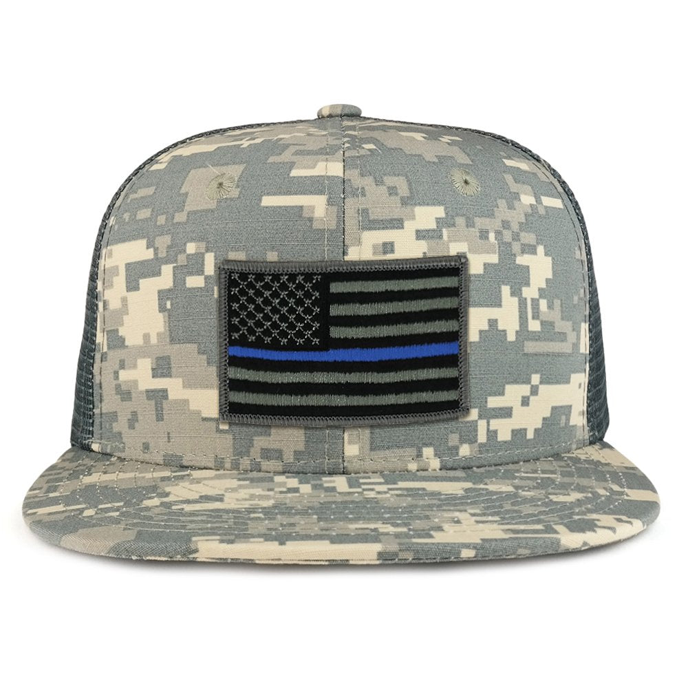 Thin Blue American Flag Iron on Patch Flat Bill Ripstop Trucker Mesh Cap