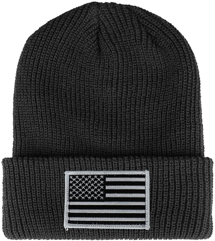 Armycrew Black White American Flag Embroidered Patch Ribbed Cuffed Knit Beanie - Black