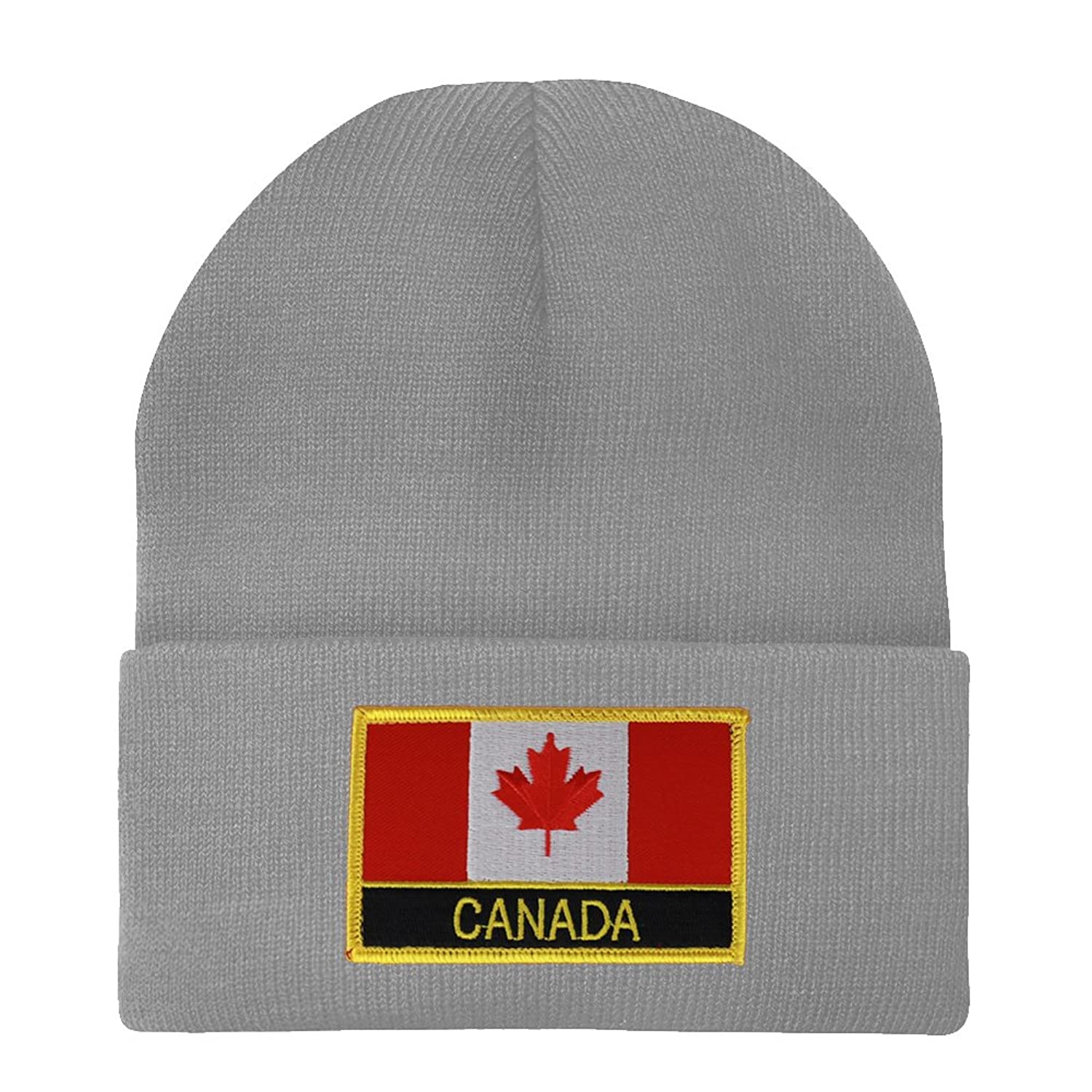Made in USA - Canada Flag Embroidered Patch Winter Long Cuff Beanie