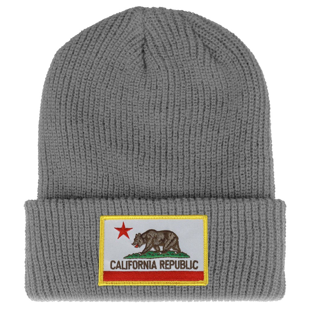 Armycrew California Bear Flag Embroidered Patch Winter Ribbed Cuffed Knit Beanie - Black
