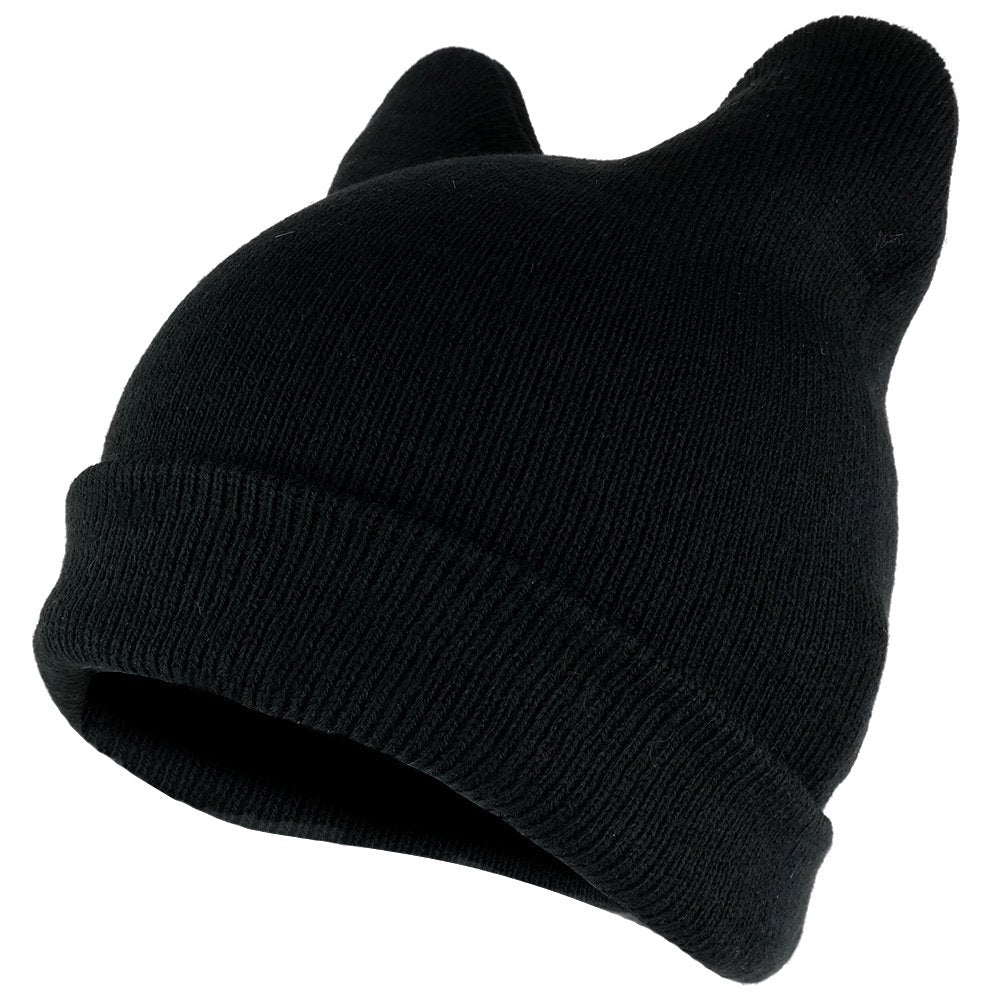 Pussyhat Women's Warm Cat Ear Folded Beanie Hat Black
