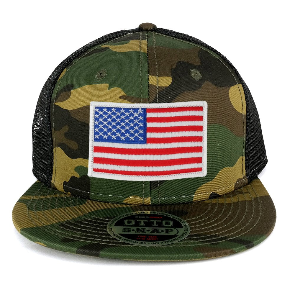 USA American Flag Iron On Patch Adjustable Camo Mesh Cap - CAMO Black - Black Grey
