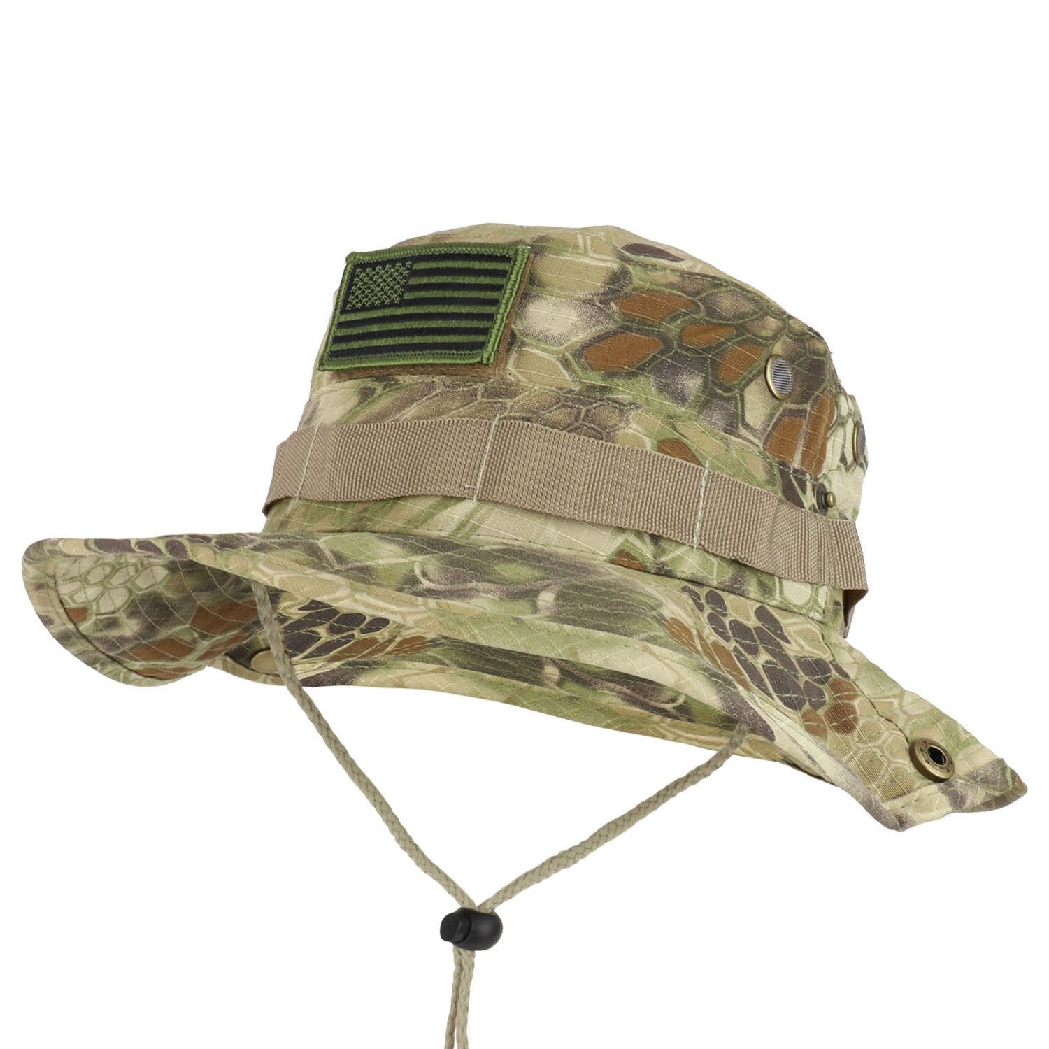 Armycrew Military American Flag Hook and Loop Patch Boonie Cap with Chin Strap