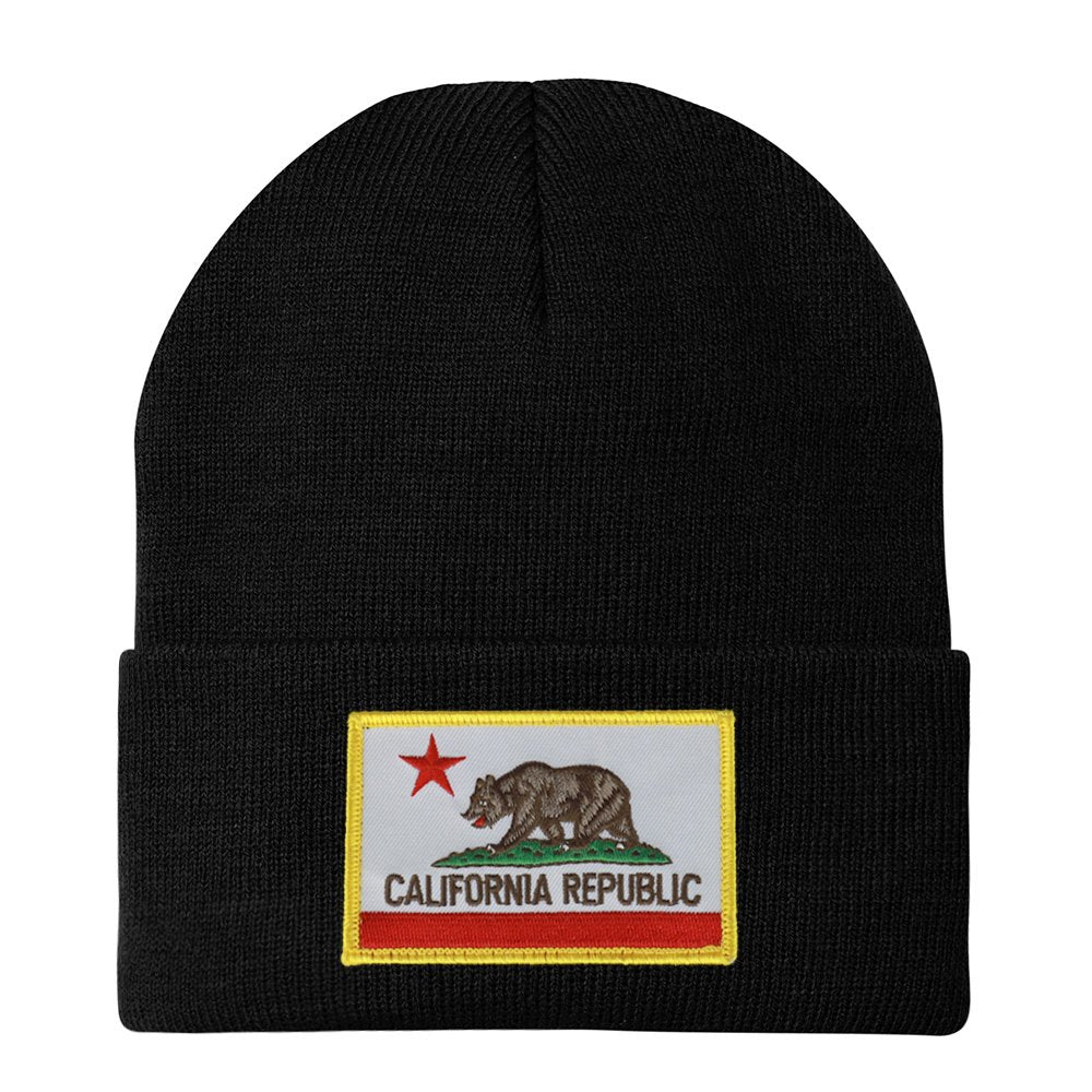 Made in USA - California Bear Flag Embroidered Patch Winter Long Cuff Beanie