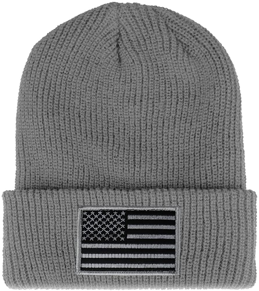 Armycrew Black Grey American Flag Embroidered Patch Ribbed Cuffed Knit Beanie - Black