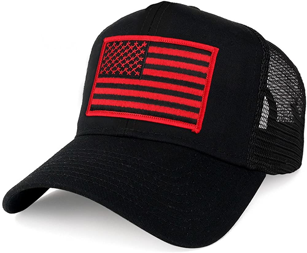 Armycrew XXL Oversize Black Red USA Flag Patch Mesh Back Trucker Baseball Cap - Black