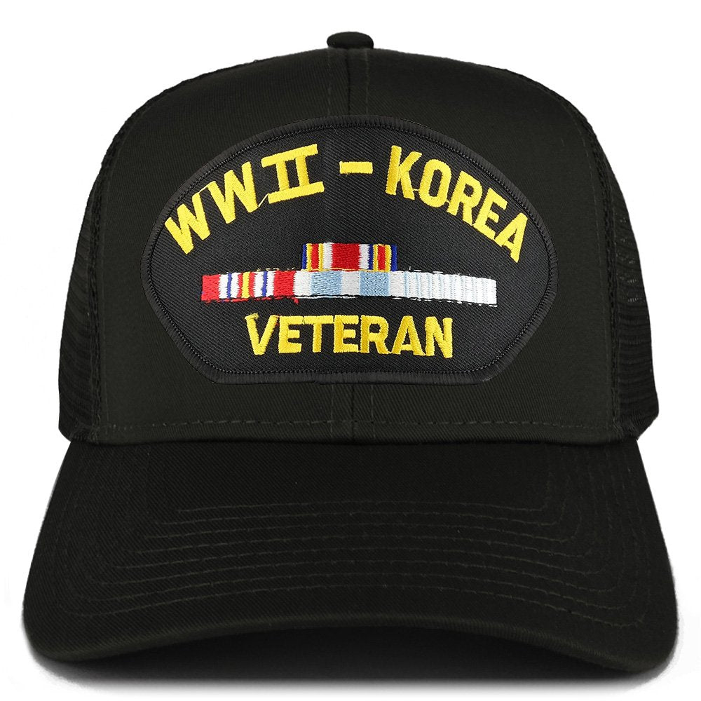 Armycrew WW2 to Korea Veteran Embroidered Patch Snapback Mesh Trucker Cap - Black