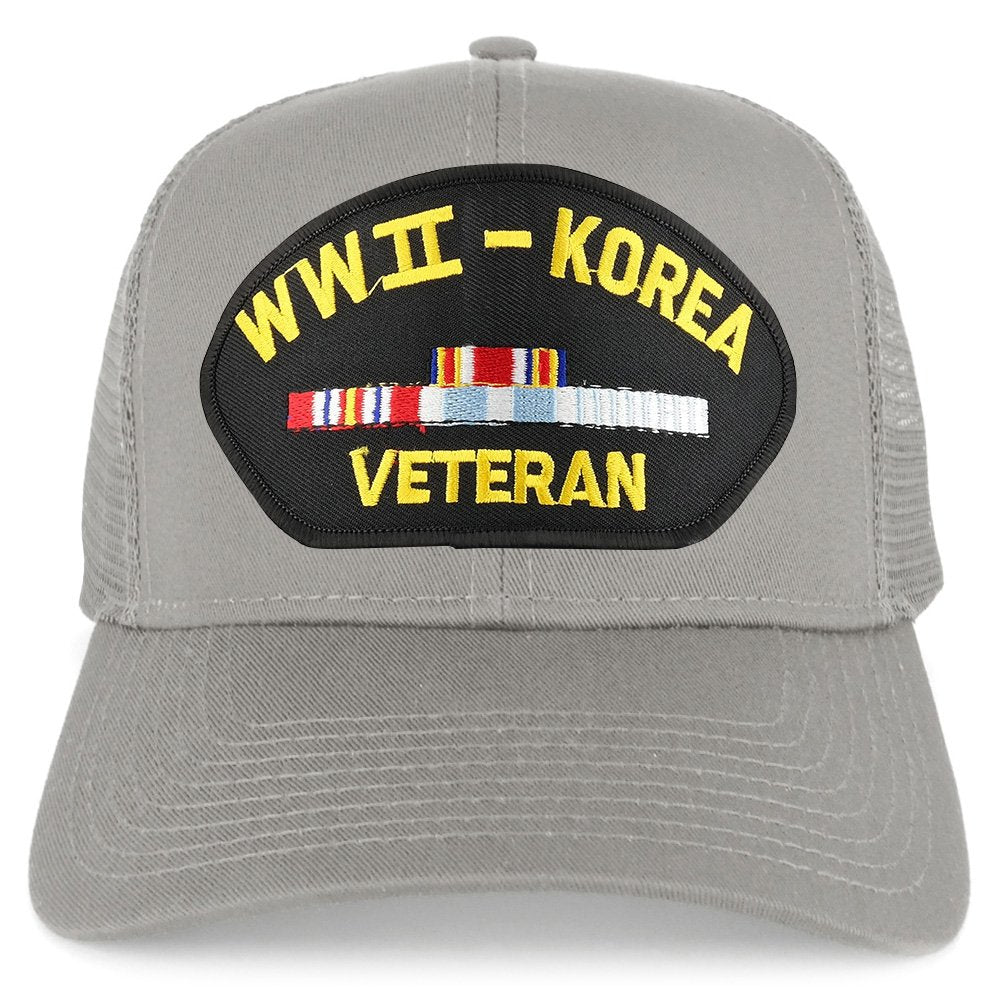 Armycrew WW2 to Korea Veteran Embroidered Patch Snapback Mesh Trucker Cap - Black