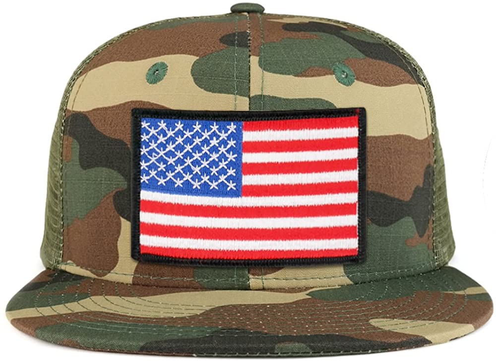 White Black Border American Flag Iron on Patch Flat Bill Ripstop Trucker Mesh Cap