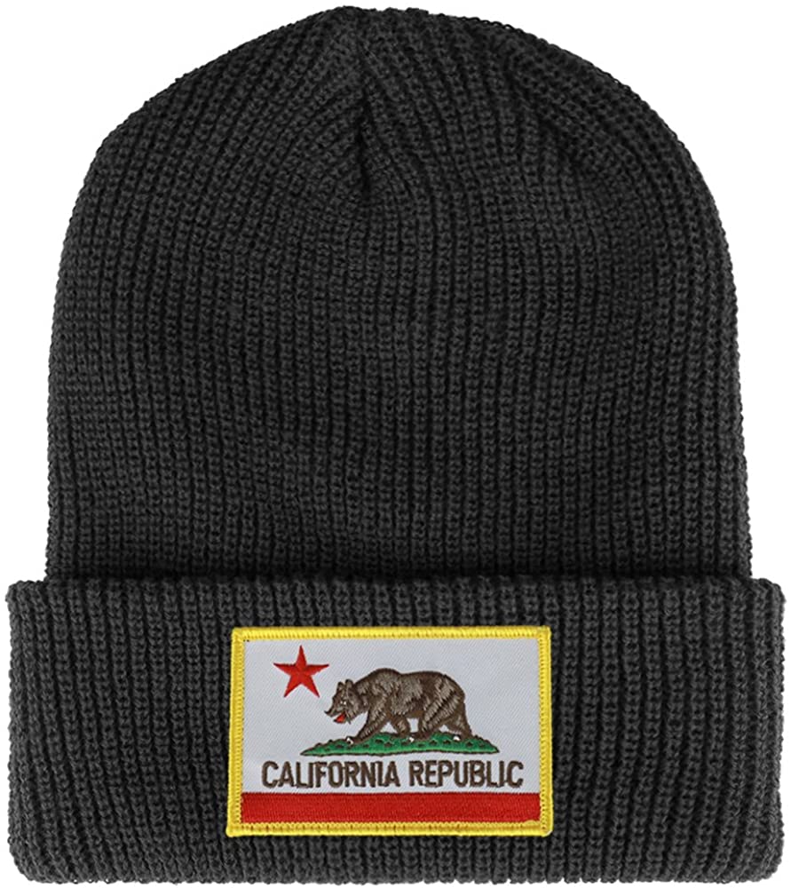 Armycrew California Bear Flag Embroidered Patch Winter Ribbed Cuffed Knit Beanie - Black