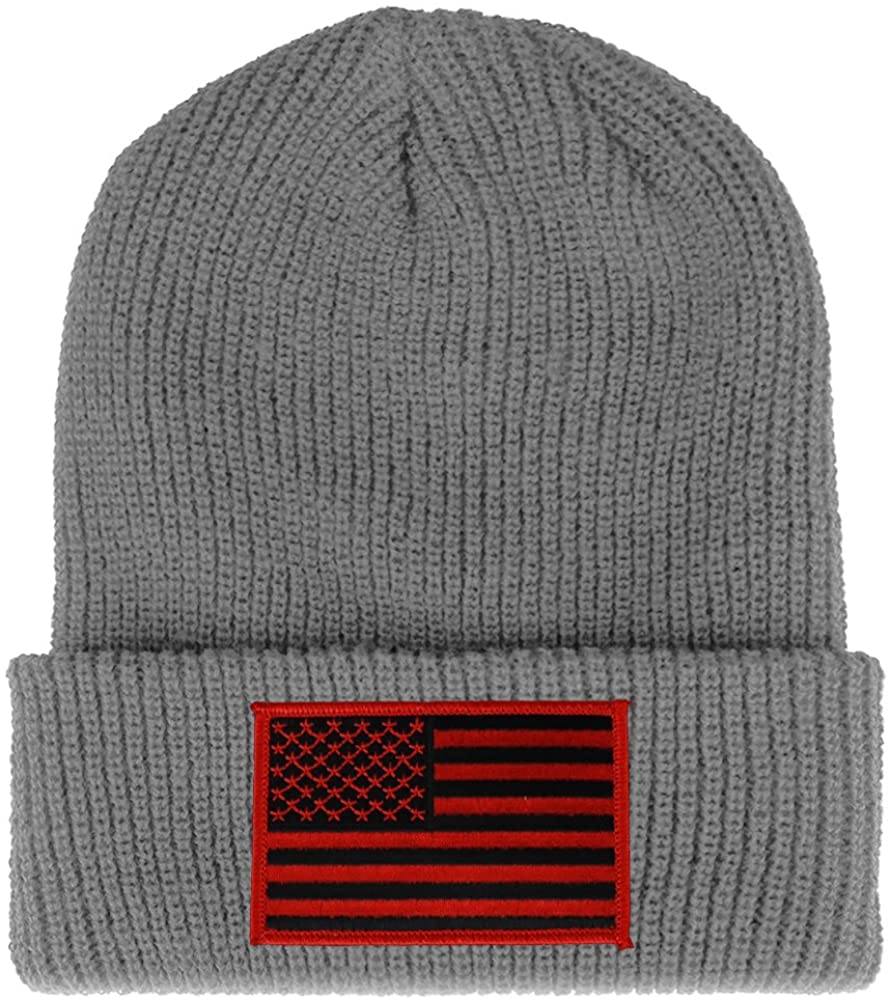 Armycrew Black RED American Flag Embroidered Patch Ribbed Cuffed Knit Beanie - Black