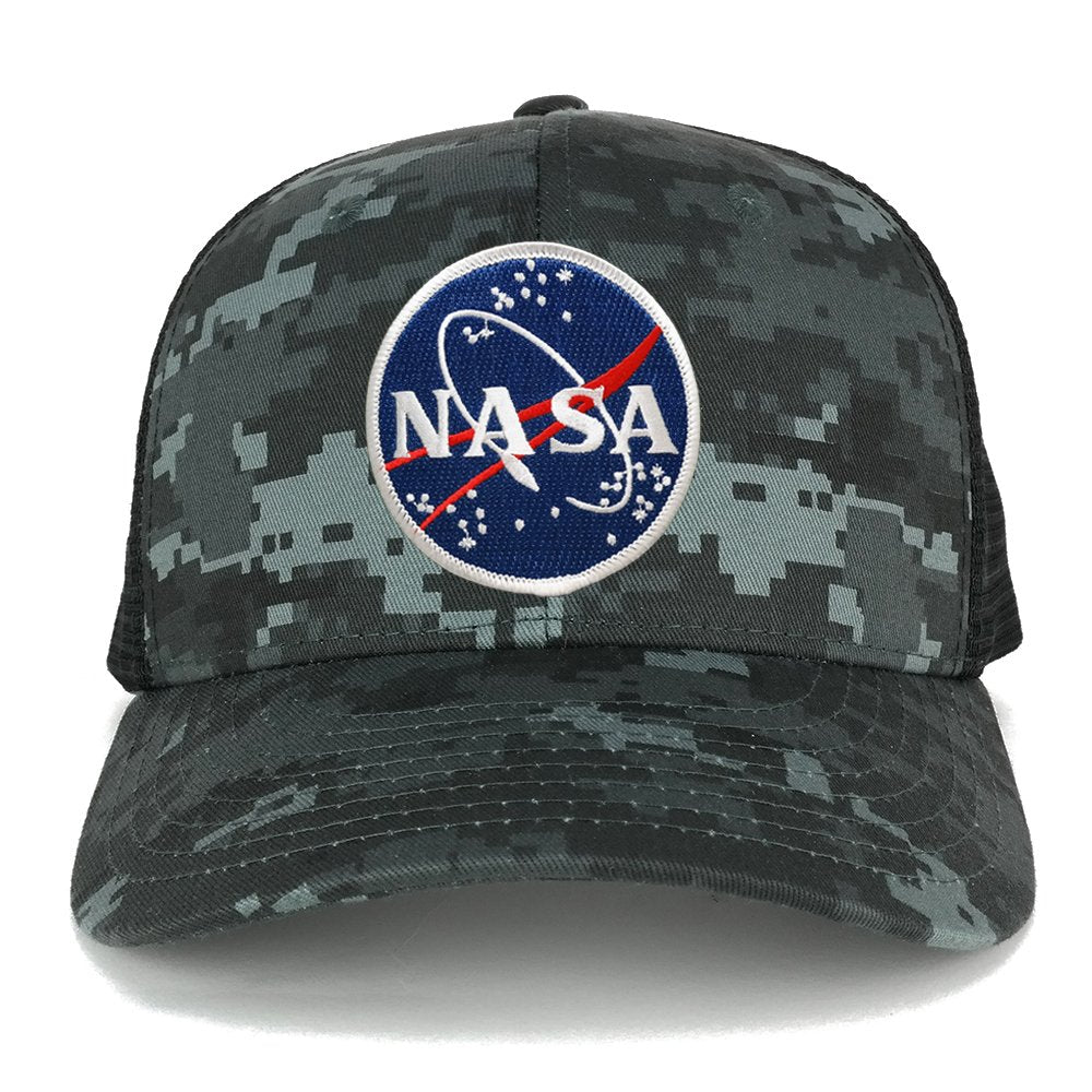 NASA Round Meatball Embroidered Iron On Patch Camo Adjustable Mesh Trucker Cap - NTG-Black