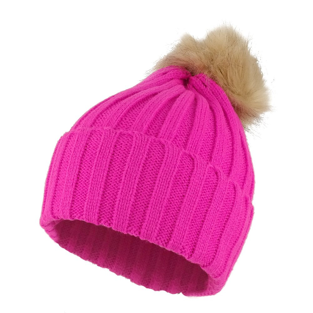 Women's Ribbed Faux Fur Pom Pom Cuff Winter Beanie Hat