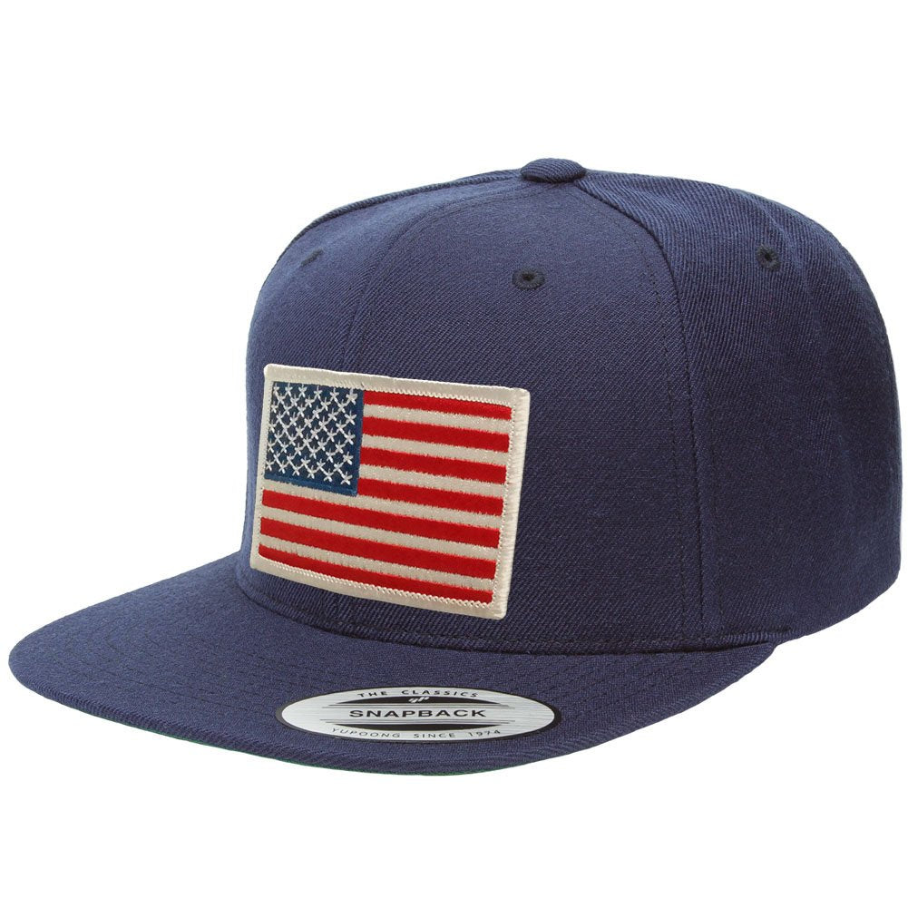 AC Racing Flexfit USA American Flag Embroidered Flat Bill Snapback Cap - Navy (One Size, Gold Patch)