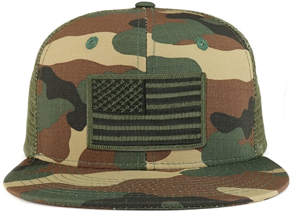 Black Olive American Flag Iron on Patch Flat Bill Ripstop Trucker Mesh Cap