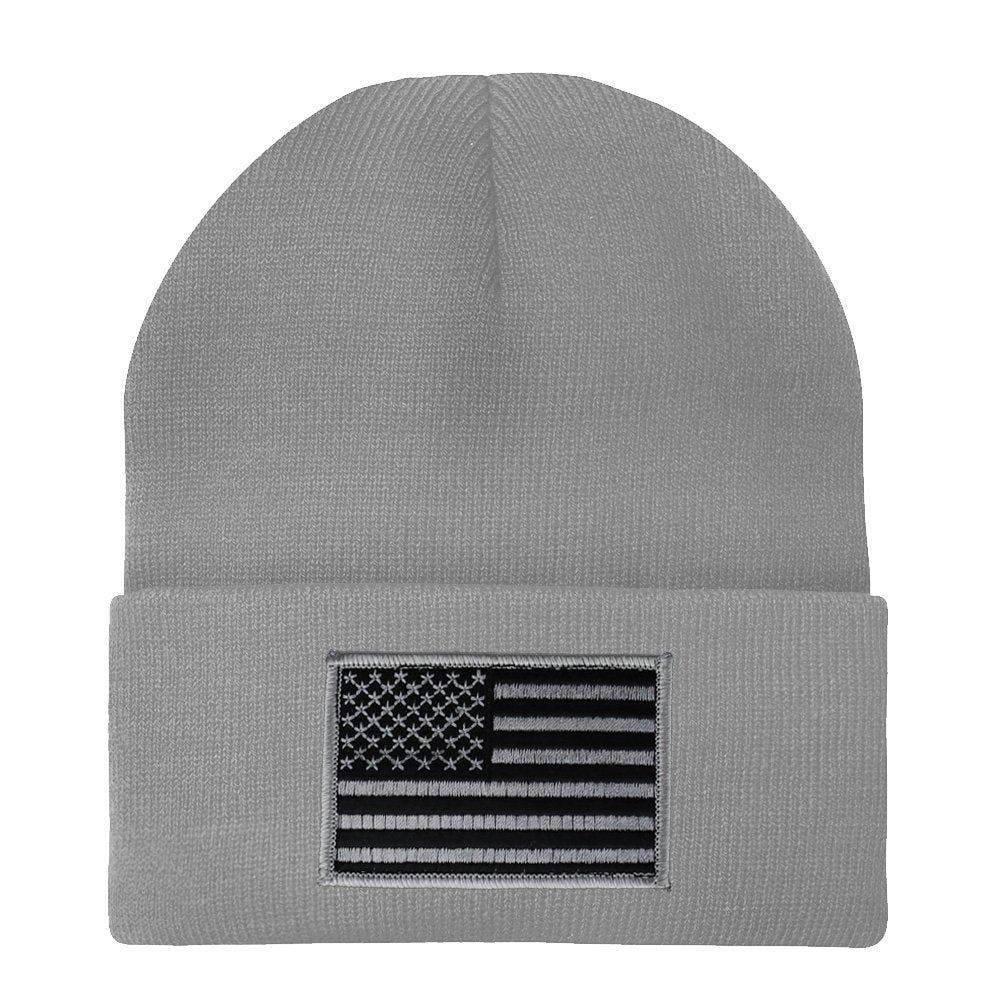 Made in USA - Black Grey American Flag Embroidered Patch Long Cuff Beanie