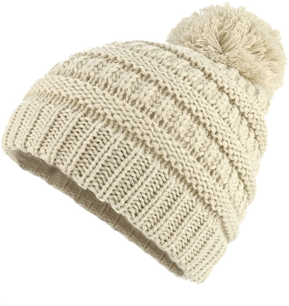 Armycrew Kids Winter Solid Ribbed Beanie Hat with Pom Pom - Beige