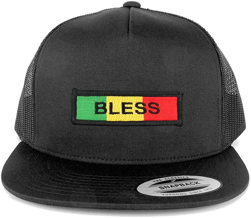 5 Panel Bless Green Yellow Red Embroidered Iron on Patch Flat Bill Mesh Snapback