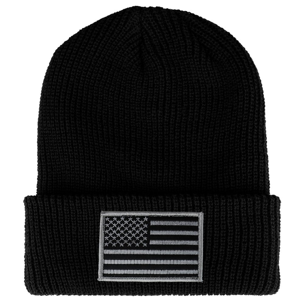 Armycrew Black Grey American Flag Embroidered Patch Ribbed Cuffed Knit Beanie - Black