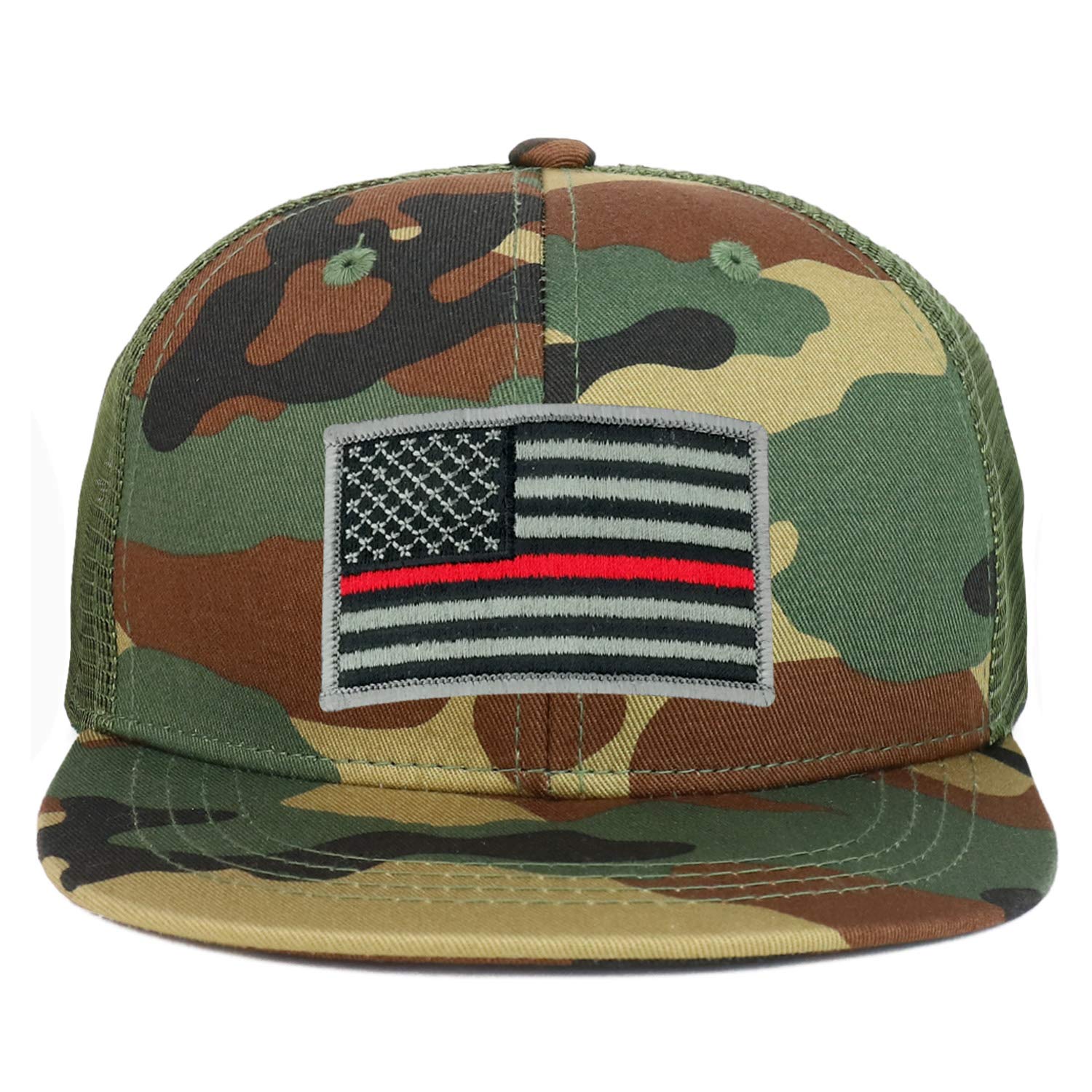 Armycrew Youth Kid's Thin Red Line American Flag Patch Flat Bill Snapback Trucker Cap