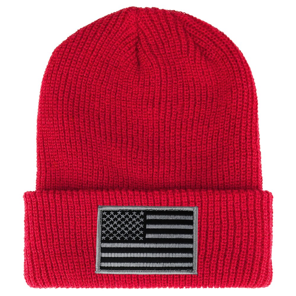 Armycrew Black Grey American Flag Embroidered Patch Ribbed Cuffed Knit Beanie - Black