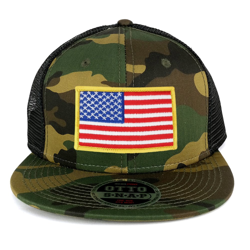 Armycrew USA American Flag Embroidered Patch Camo Snapback Mesh Cap - CAMO Black
