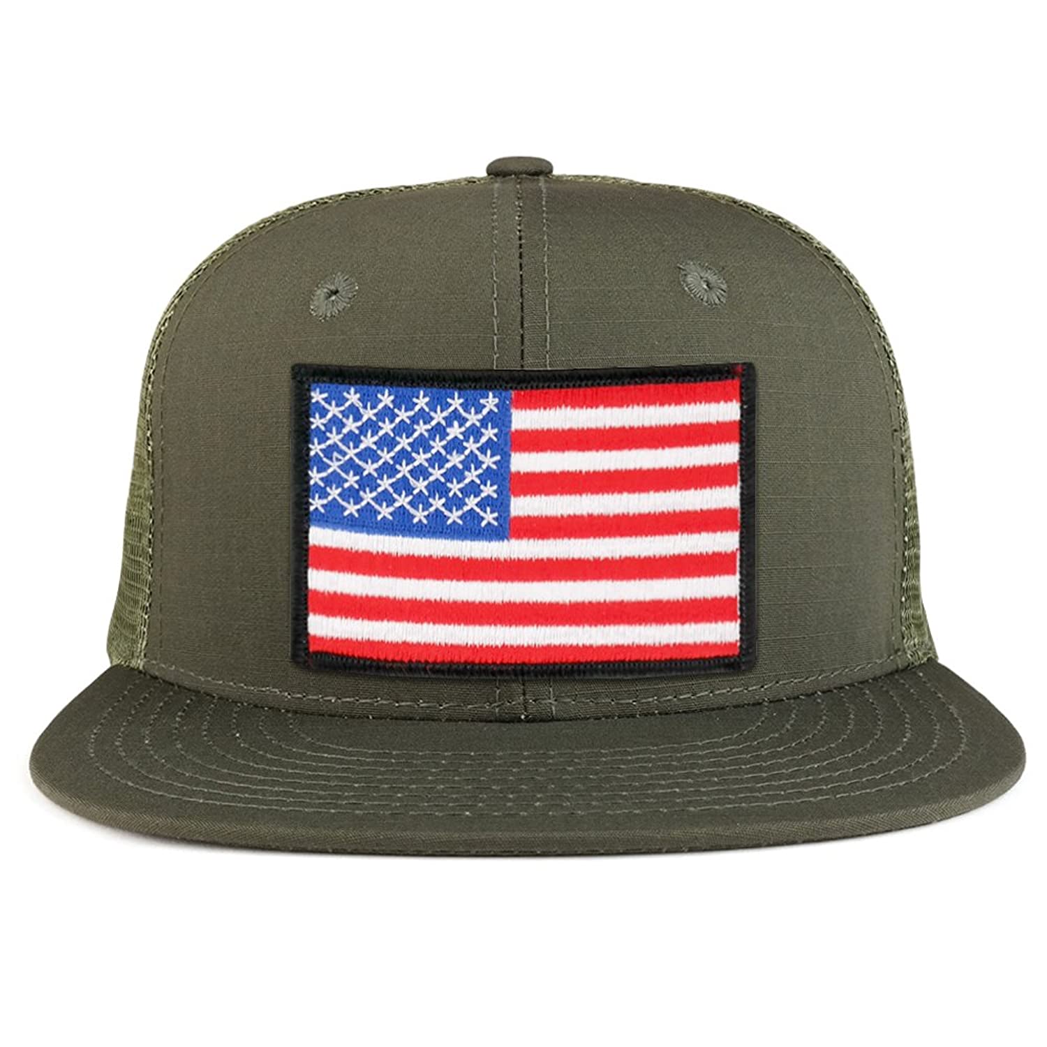 White Black Border American Flag Iron on Patch Flat Bill Ripstop Trucker Mesh Cap