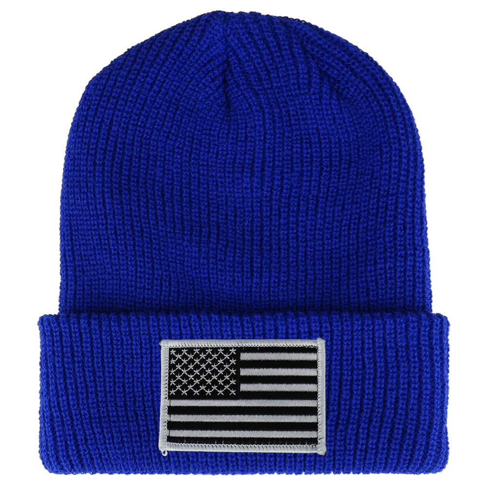 Armycrew Black White American Flag Embroidered Patch Ribbed Cuffed Knit Beanie - Black