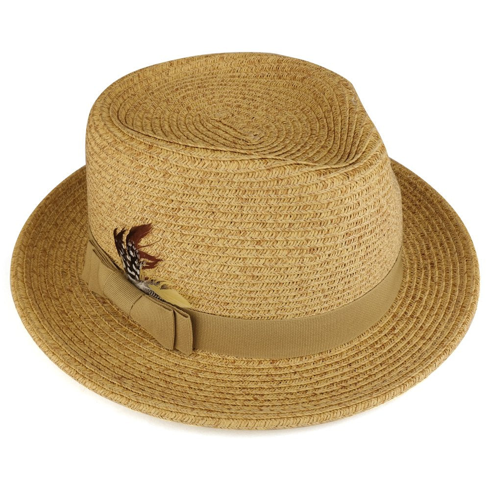 Armycrew Paper Straw Wide Brim Fedora Hat with Grosgrain Band and Feather