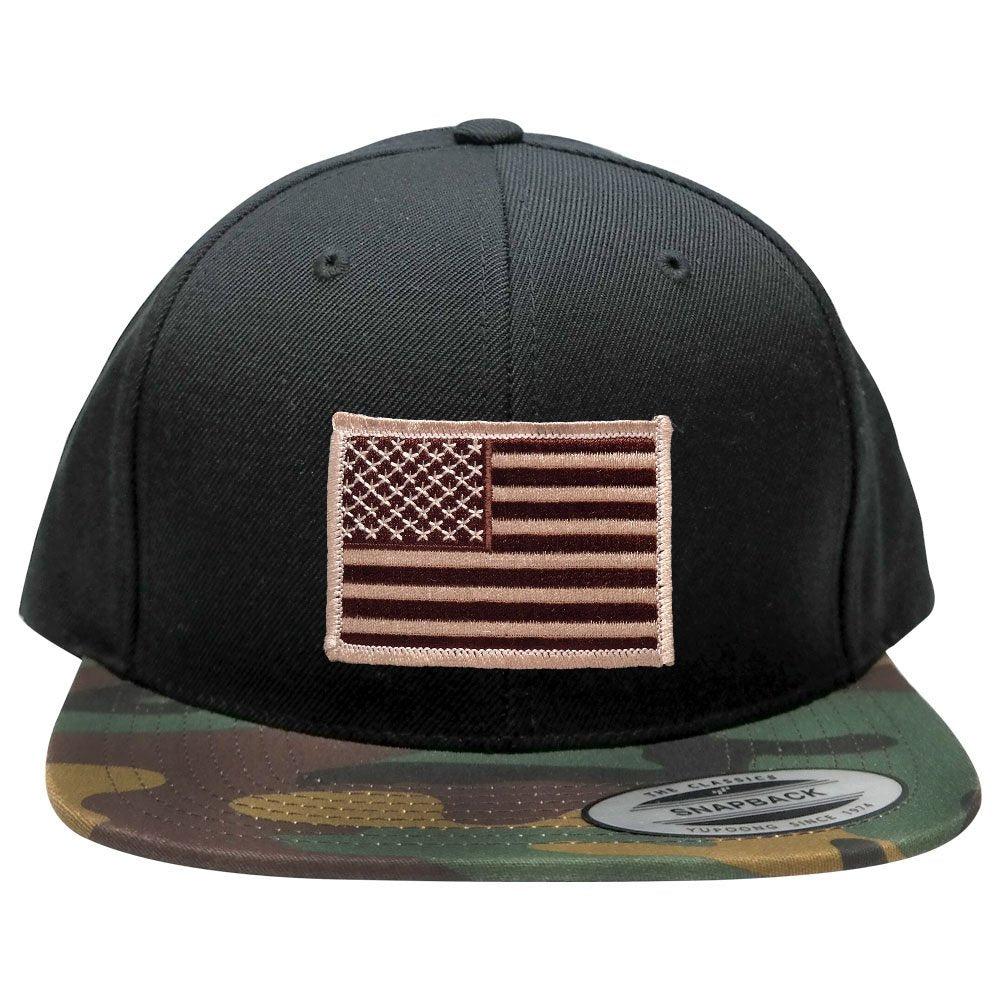 Flexfit Classic American Flag Patch Snapback Cap with Camo Visor - Black Grey