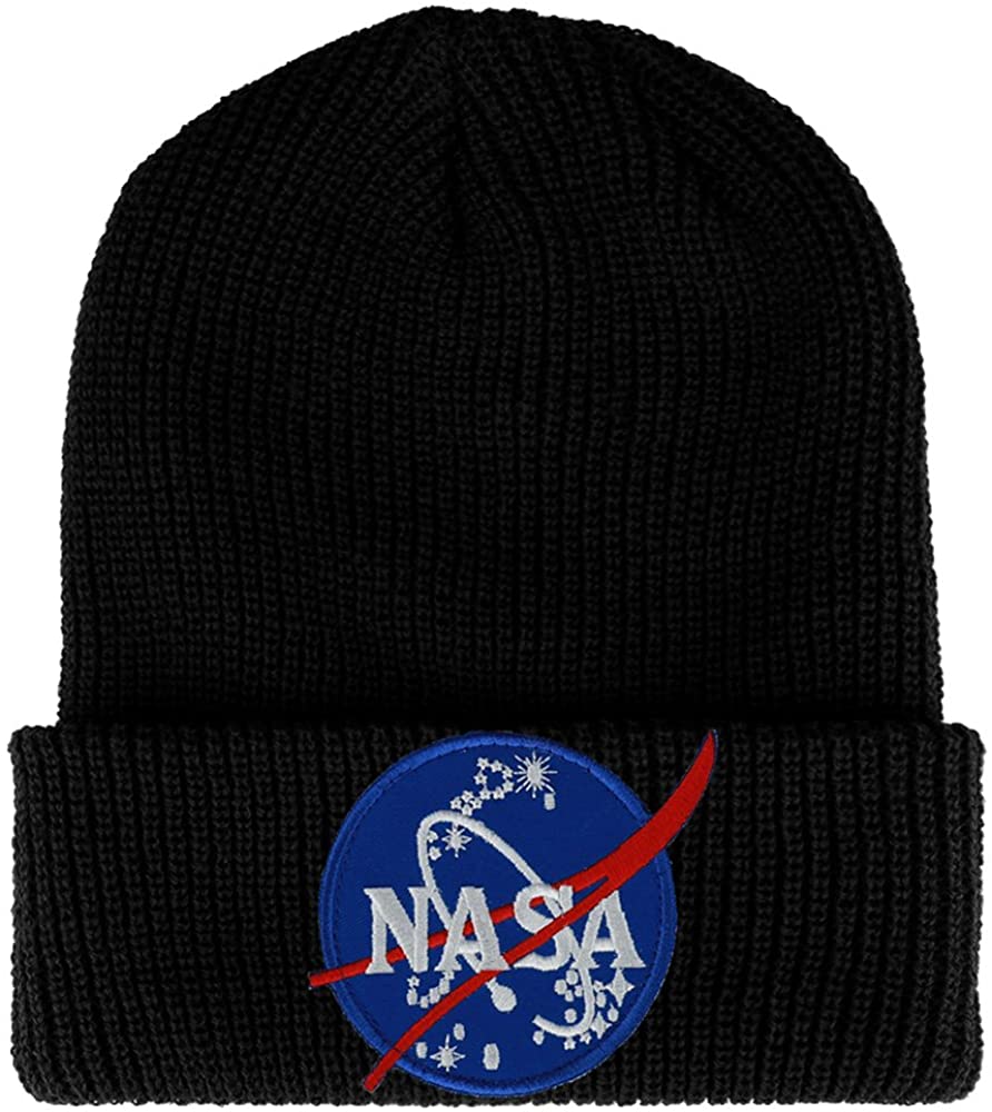 Armycrew NASA Insignia Logo Embroidered Patch Ribbed Cuffed Knit Beanie - Black