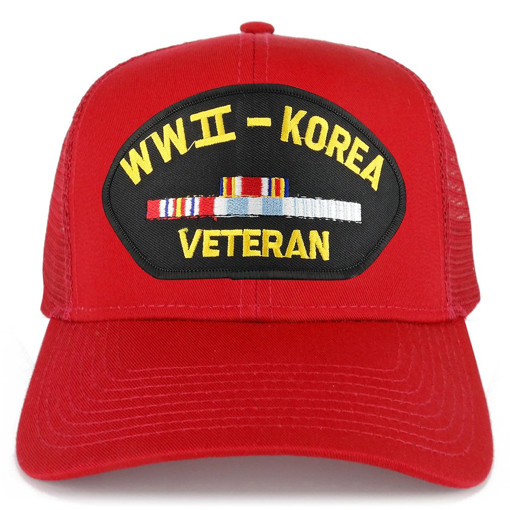 Armycrew WW2 to Korea Veteran Embroidered Patch Snapback Mesh Trucker Cap - Black