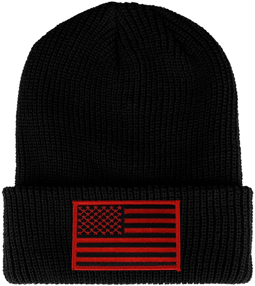 Armycrew Black RED American Flag Embroidered Patch Ribbed Cuffed Knit Beanie - Black