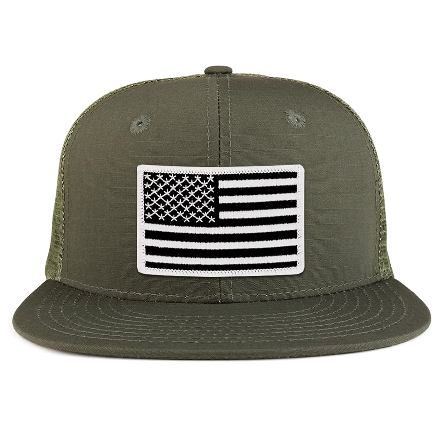 Black White American Flag Iron on Patch Flat Bill Ripstop Trucker Mesh Cap