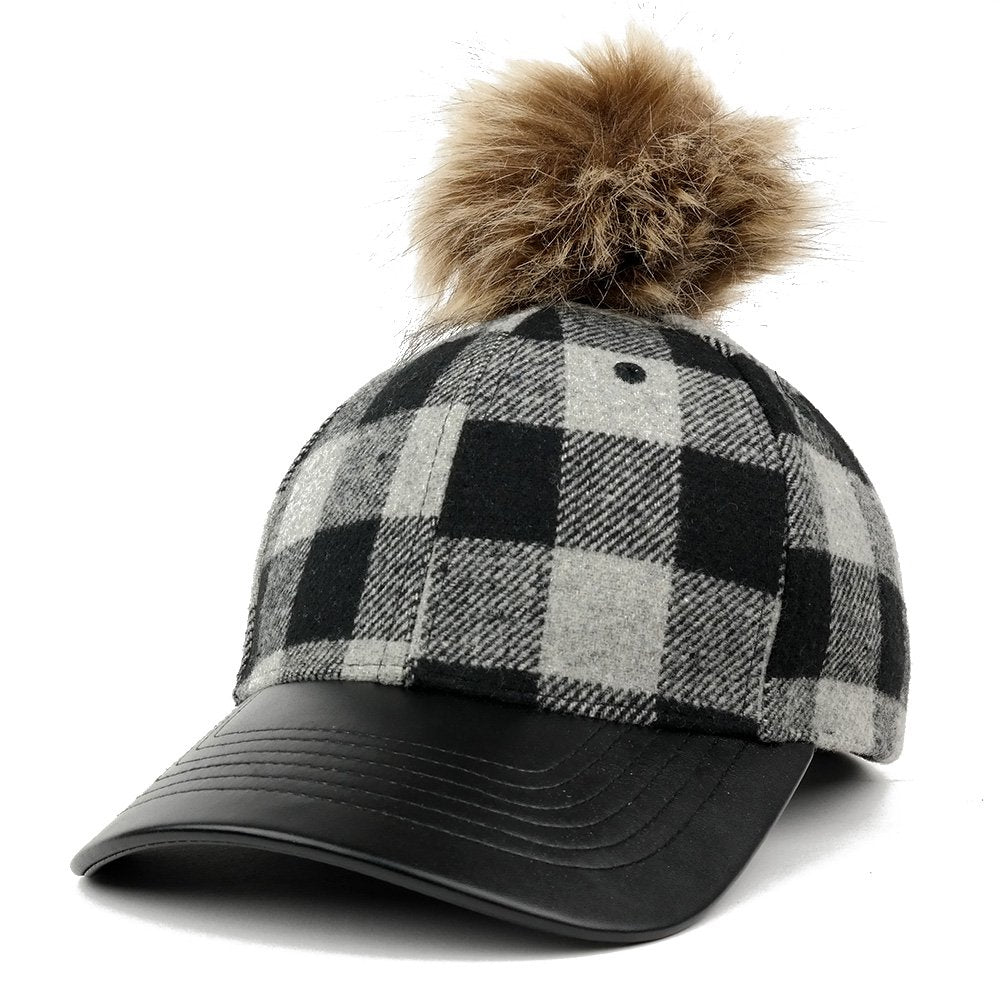 Plaid Wool Blend Ajustable Cap with PU Leather Brim and Faux Fur Pom Pom