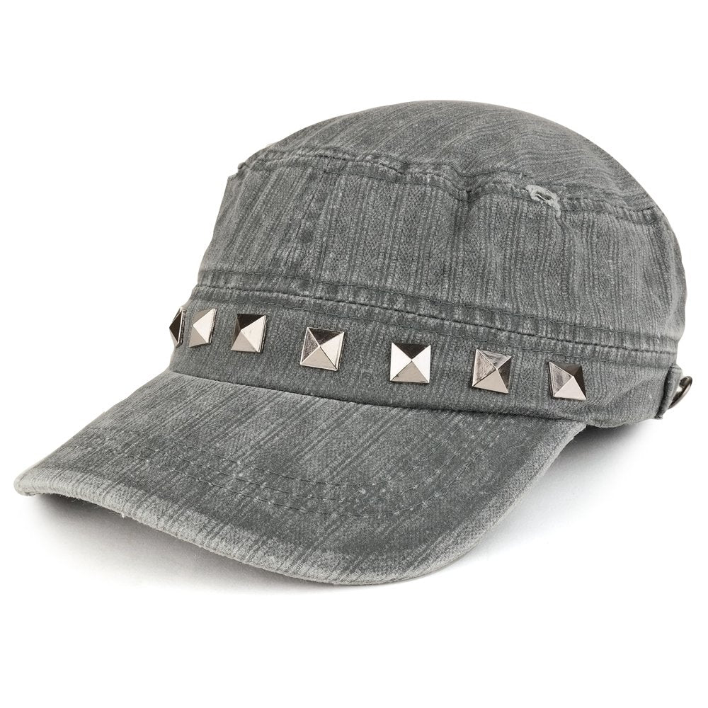 Distressed Flat Top Metallic Studded Frayed Cadet Style Army Cap