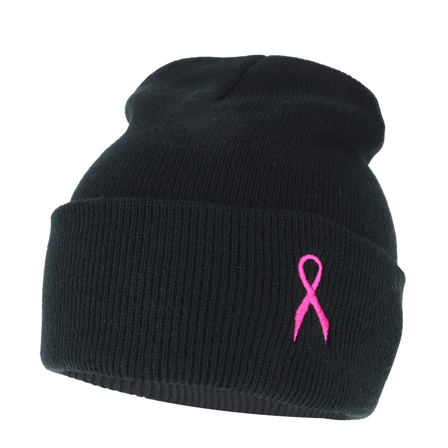 Armycrew Made In USA Breast Cancer Ribbon Beanie - Hot Pink, Long Cuff, Embroidered, One Size Fits Most